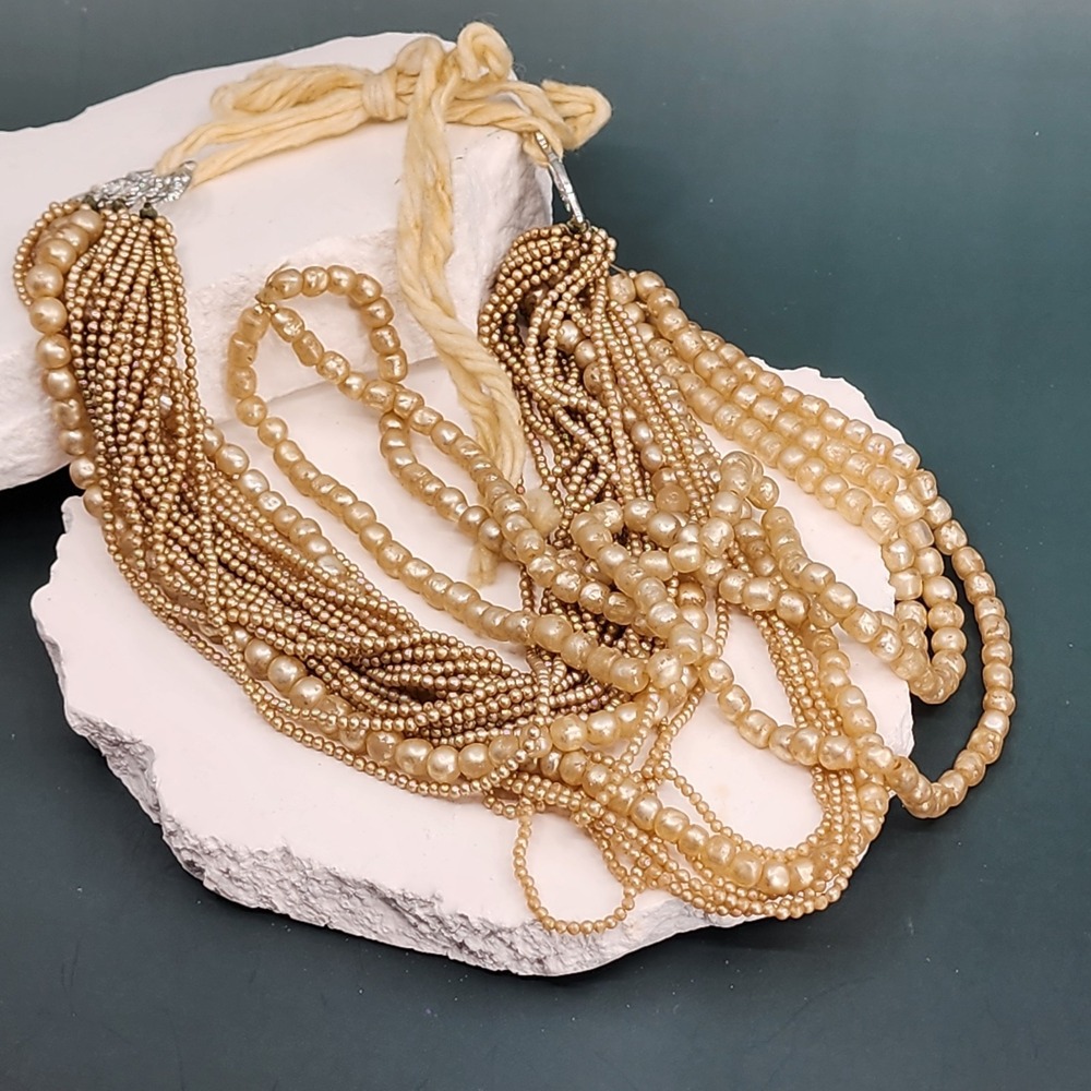 Vintage Multi Strand Faux Pearl Bead Statement Necklace Gold Cream Rope Tie